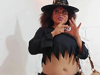 horny nympho witch in costume seduces visitors for kinky halloween bedroom orgy