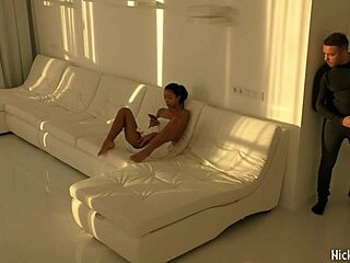 black asian teen bounces wildly on thick red cock in stark room