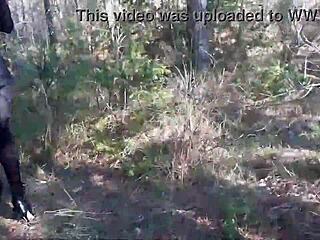 sexy amateur struts forest path in pantyhose and towering heels