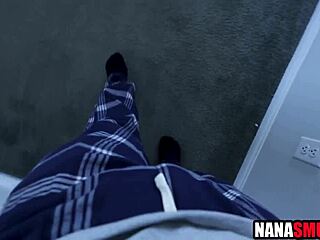 Blindfolded mature granny invites young stud for bedroom handcuff fuck