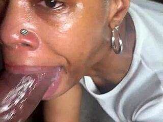 Sloppy deepthroat facefuck ends in massive facial cumshot on living room floor