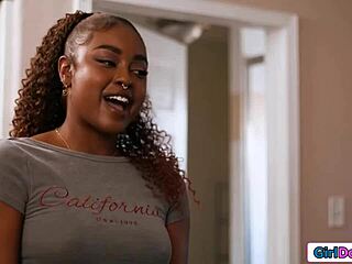 Roommate's shaved ebony pussy squirts on me during hot 69 tribbing
