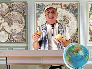 Torcelini teaches geography lesson on seas and oceans in classroom striptease