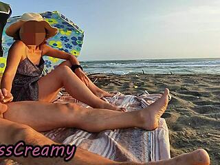French Teacher SUCKS Huge Bull Cock on Nudist Beach Voyeur Cumshot!