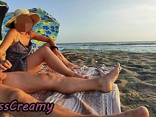 French Teacher SUCKS Huge Bull Cock on Nudist Beach Voyeur Cumshot!