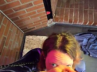 chained slut kneels gagging on cock deepthroat
