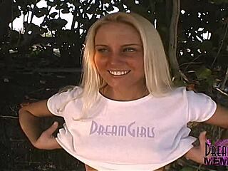 Hey, wanna see this all-natural blonde flash shaved pussy outdoors?