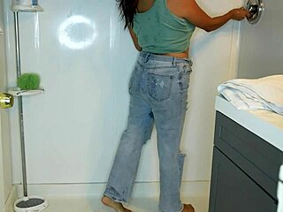 latina soaks jeans panties in steamy shower striptease