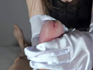 gf in lipstick and white satin gloves edges cock to orgasm pov