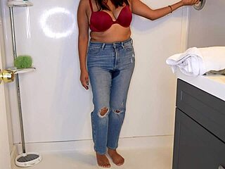latina soaks jeans panties in steamy shower striptease