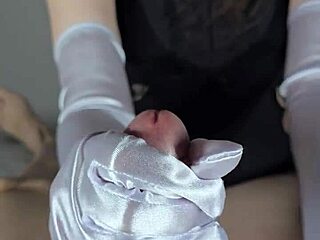 gf in lipstick and white satin gloves edges cock to orgasm pov