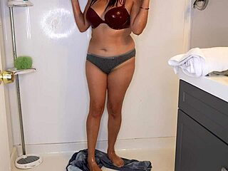 latina soaks jeans panties in steamy shower striptease