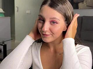 college cutie slurps dick on knees cum on tits 💦
