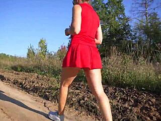 short dress girl struts outdoors flashing thong panties spying upskirt tease