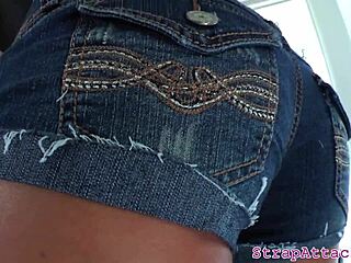 Dominant Babe Strap-On Pegs Submissive Boyfriend Close-Up