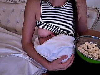 Lactating milf with puffy saggy natural tits indulges in breastfeeding foreplay fetish