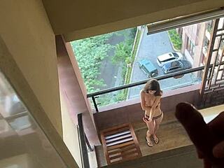 Horny skinny brunette katty west fingers pussy on balcony before anal doggystyle with neighbor