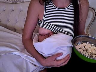 Lactating milf with puffy saggy natural tits indulges in breastfeeding foreplay fetish