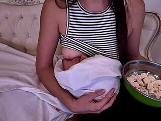 Lactating milf with puffy saggy natural tits indulges in breastfeeding foreplay fetish