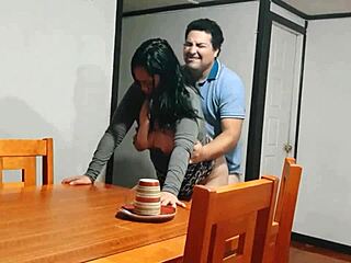 Fucking the mature woman when she brings breakfast