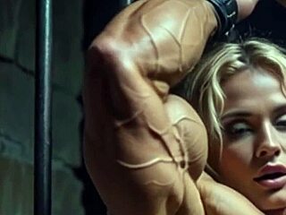 blonde bodybuilder tied up with handcuffs