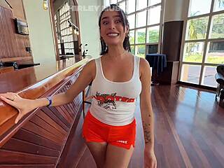 Innocent hooters waitress accepts hard fuck after work with raw sex