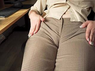 Naughty colleague seduces you with her fat cameltoe in trousers