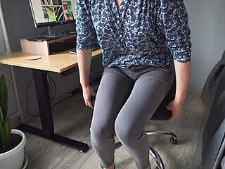naughty colleague seduces you with camel toe in tight jeans