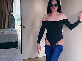 pretty asian ladyboy jeans striptease with big boobs