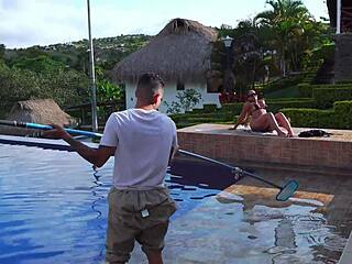 Colombian Milf Enjoys Outdoor Pool Sex With Young Worker