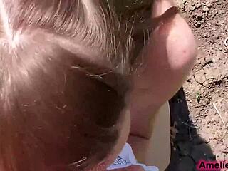 cute girl public blowjob big dick stranger outside - cum in mouth
