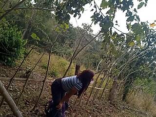 My stepmothers slut is in the jungle walking in search of a dick to fuck outdoors