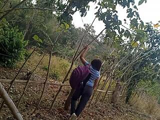 My stepmothers slut is in the jungle walking in search of a dick to fuck outdoors