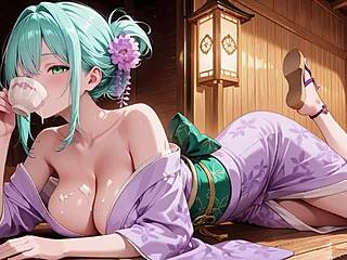 purple kimono figure experiences wetness under red gate