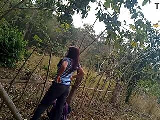 My stepmothers slut is in the jungle walking in search of a dick to fuck outdoors