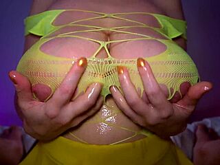 big tits in fishnet bodystocking gives oily titfuck lilykoti