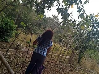 My stepmothers slut is in the jungle walking in search of a dick to fuck outdoors