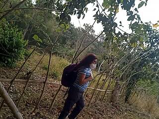 My stepmothers slut is in the jungle walking in search of a dick to fuck outdoors