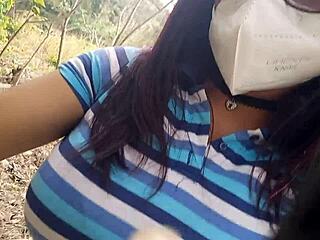 My stepmothers slut is in the jungle walking in search of a dick to fuck outdoors