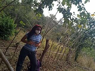 My stepmothers slut is in the jungle walking in search of a dick to fuck outdoors