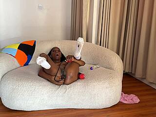 Ebony slut gets anal pumping and prolapse at home