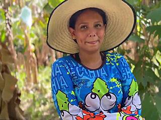 Innocent country woman trades favors in outdoor setting