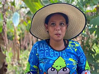 Innocent country woman trades favors in outdoor setting